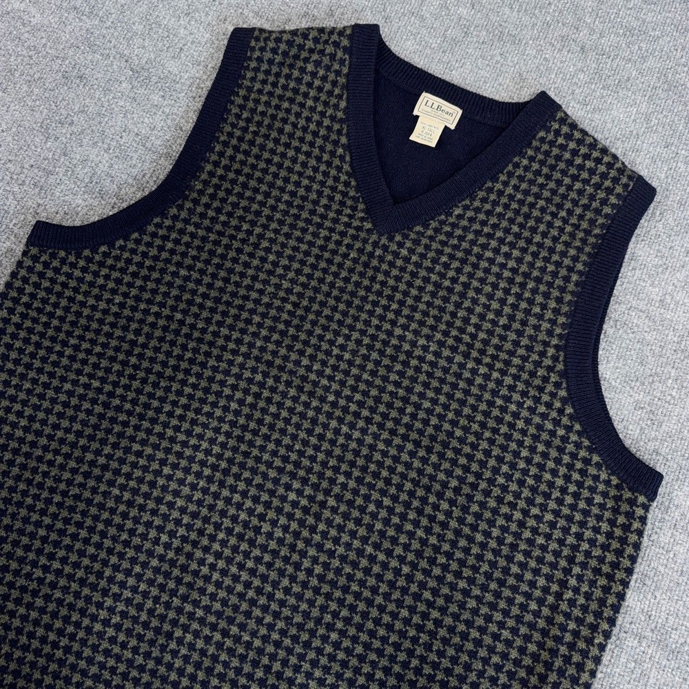 LL Bean Sweater Vest Men XLT Navy Green Houndstooth Check V Neck Lambswool Tall